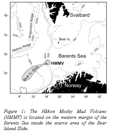 Text Box:  



Figure 1: The Håkon Mosby Mud Volcano (HMMV) is located on the western margin of the Barents Sea inside the source area of the Bear Island Slide.





