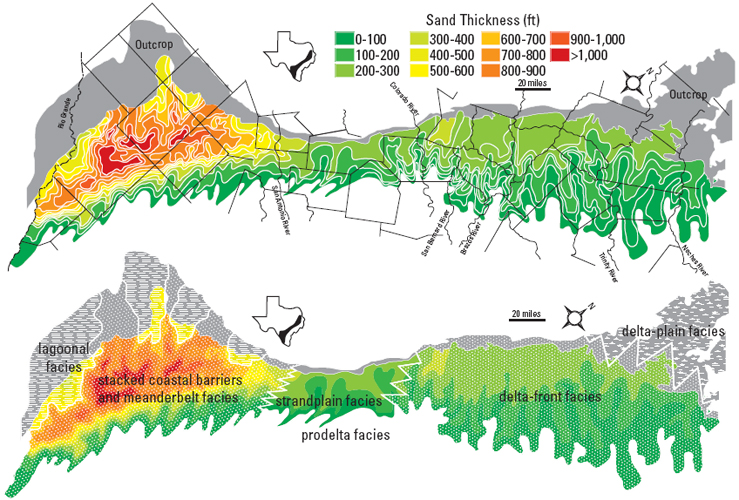Figure 19. Facies and sand isolith map for the Lower Claiborne Queen City Sand. From Guevara and