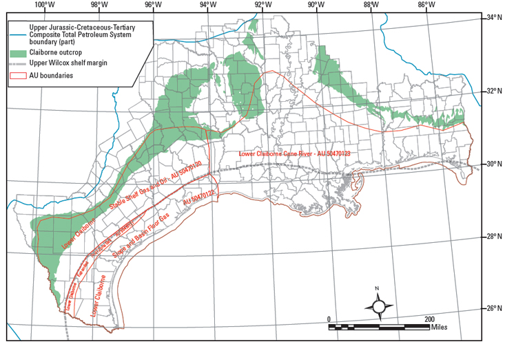 Figure 28. Map showing extent of Lower Claiborne assessment units. AU = assessment unit